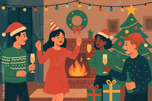 Friends celebrating Christmas New Year party at home. People drinking champagne, dancing. Festive living room, fireplace, tree, gifts. Winter holiday season eve vector illustration.