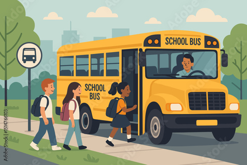 Children boarding yellow school bus at bus stop with driver. Vector illustration for education, back to school, and student transportation. Daily routine, safety, and childhood concepts.