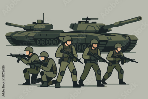 Modern warfare vector illustration. Soldiers in combat gear with rifles and main battle tanks. Army infantry unit on military operation. Special forces team concept. Flat design style.