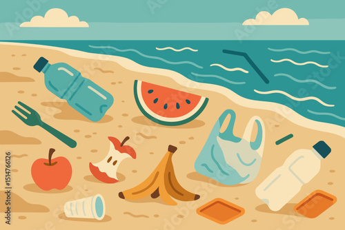 Beach pollution illustration: plastic bottles, bags, food waste littering sandy shore. Environmental impact of summer tourism, ocean contamination. Marine life protection, ecology concept art.