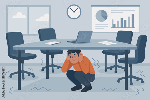 Scared man hiding under office desk. Workplace stress, anxiety, fear, pressure. Employee cowering from problems or during earthquake drill. Metaphor for burnout, panic attack, business crisis.