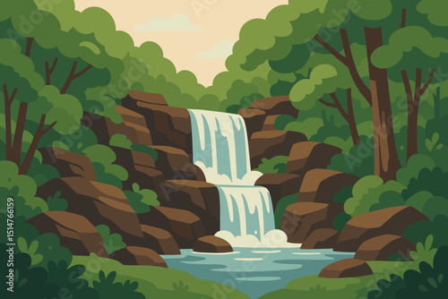Forest waterfall landscape vector illustration. Nature cascade rocks trees. River stream scenery. Green eco background. Cartoon jungle outdoor park. Calm water flow. Natural parkland view.