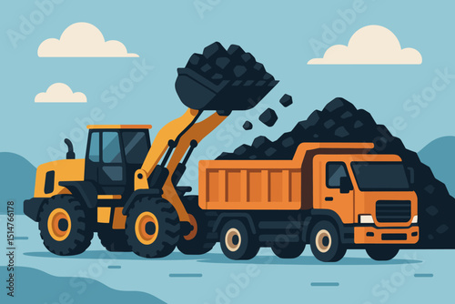 Heavy machinery vector illustration: yellow front loader tractor loading coal, rocks, or ore into an orange dump truck at a mining or construction site. Industrial earthmoving equipment concept.