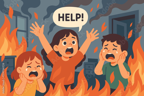 Children trapped in fire calling for help. Scared kids crying in burning house. Emergency disaster concept. Young victims in danger, panic, fear. Rescue needed. Vector illustration.