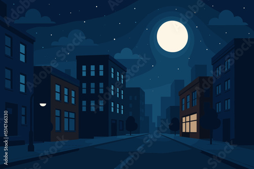 Urban night scene illustration with full moon, city buildings, empty street, and starry sky. Vector background for quiet town, peaceful evening, or urban landscape design.