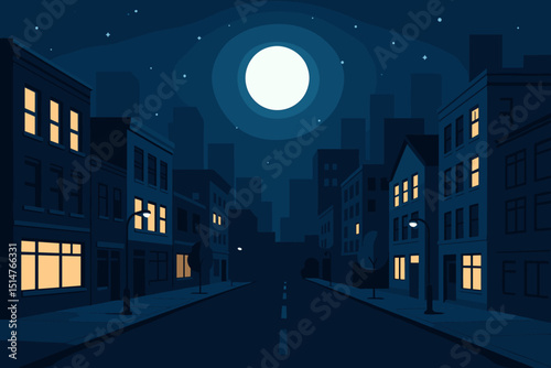 Night city vector background. Urban landscape with full moon, stars, and illuminated building windows. Empty downtown street scene with dark blue sky and city skyline. Modern flat illustration.