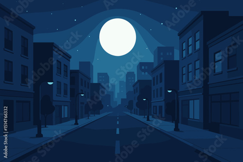 Cartoon urban night scene with bright full moon and starry sky. Empty city road perspective with silhouette buildings and glowing street lamps. Vector illustration for background, quiet downtown view.