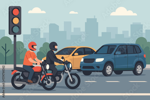 City traffic scene vector illustration. Motorcycles and cars on urban road at traffic light. Commuting, transport, and cityscape background. Street driving, vehicle congestion concept.