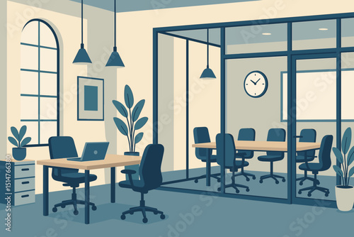 Modern empty office interior workspace vector illustration. Business workplace background with desk, chairs, laptop, and conference meeting room. Corporate co-working space design.