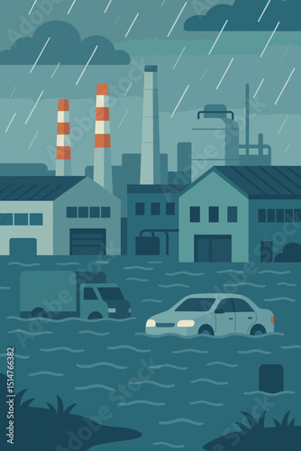 Flooded industrial park with factories, submerged cars under heavy rain. Natural disaster concept, climate change impact, environmental crisis, industrial pollution, catastrophe. Vector illustration.