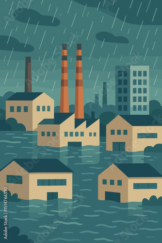 Flooded industrial estates illustration. Heavy rain storm causing deluge in factory zone. Climate change disaster, environmental damage, rising sea levels, property loss vector graphic.