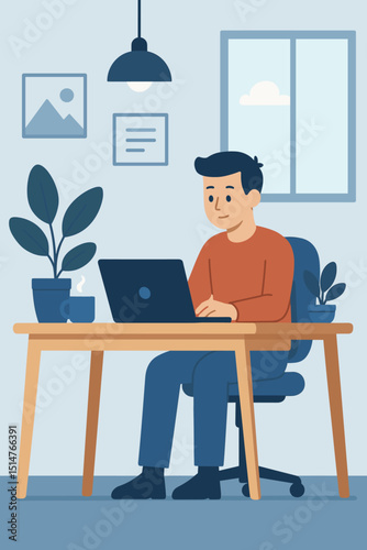 Man working from home office on laptop computer. Freelancer at modern desk. Remote job concept. Productive online learning or business. Comfortable workspace illustration with plant.