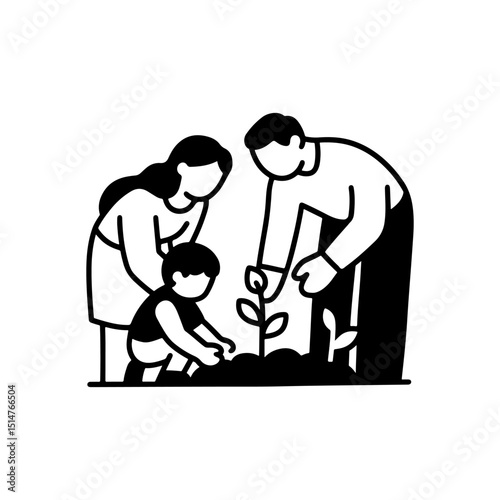Family planting a tree together in the garden