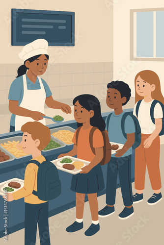 School cafeteria lunch line with diverse students getting healthy food. Children with trays queuing for meals served by a canteen worker. Vector illustration for education, nutrition concepts.