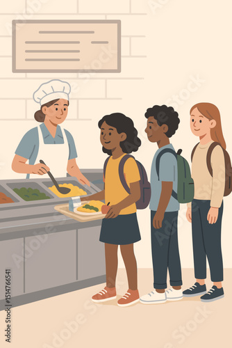 Diverse students in school cafeteria line getting healthy lunch. Children with backpacks queue for food service from worker. School canteen illustration. Childhood nutrition, education concept.