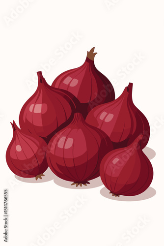 Vibrant red onions vector illustration. Group of fresh, whole purple onion bulbs. Healthy organic vegetable for cooking and culinary concepts. Isolated food ingredient design element.