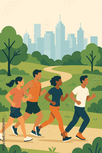 City park runners. Diverse group exercise. Healthy active lifestyle. Fitness jogging. Urban skyline. Outdoor sport. Community wellness. People training for marathon. Vector art.