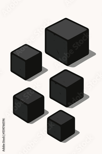 Isometric 3D charcoal cubes collection. Textured dark grey stone blocks casting realistic shadows. Modern geometric design elements for abstract backgrounds, graphic resources, presentations. Vector.