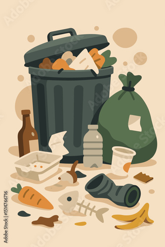 Modern garbage illustration overflowing trash can, plastic bag, food waste. Pollution, recycling, waste management, environmental disposal, rubbish concept. Flat vector graphic design for ecology.