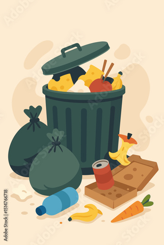 Vector illustration of overflowing garbage bin with food scraps, plastic bottle, and trash bags. Waste sorting, recycling issues, pollution awareness. Modern flat design for environmental theme.