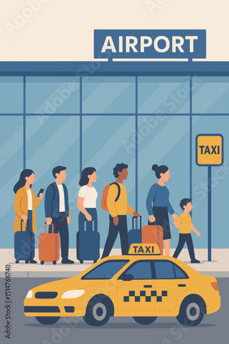 Airport taxi queue scene with diverse travelers, families, individuals with suitcases waiting for cab. Urban transport, vacation journey, public transit concept. Flat cartoon vector illustration.