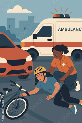 Bike accident cyclist rescue. Paramedic helps injured woman after car crash. Ambulance emergency medical service. Road traffic collision victim. First aid safety healthcare assistance.