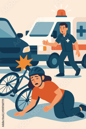 Injured cyclist after car accident with paramedic rushing from ambulance. Emergency medical service, road traffic collision, bicycle safety awareness, first aid and urgent care concept vector.