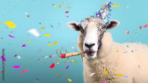 Funny Sheep in Party Hat Blowing Noisemaker & Confetti