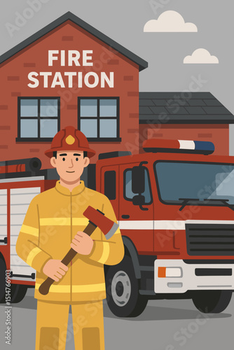 Firefighter at modern fire station with fire truck. Emergency services hero holding axe. First responder professional in uniform. Fire department building vector illustration. Safety concept.
