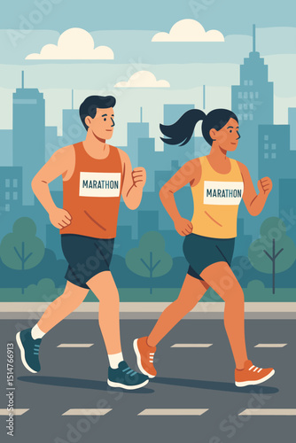 City marathon runners vector illustration. Man and woman jogging together in an urban race. Active healthy lifestyle, fitness sport competition. Outdoor exercise training with cityscape background.