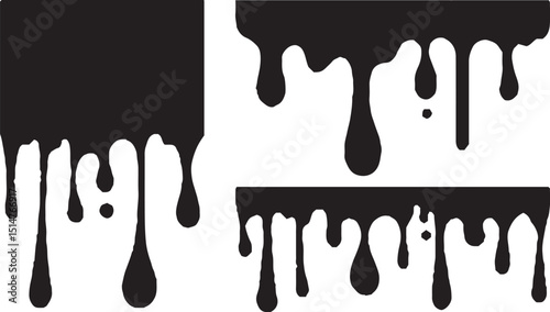 Black bold sun dripping paint, black ink drips and splatters, dripping stain vector set, vector design elements. Hand drawn set round pattern line art vector element