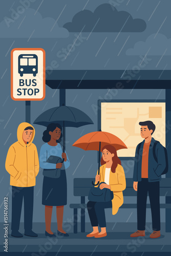 Rainy day at the bus stop. Men and women with umbrellas and raincoats waiting for public transportation. Commuters in bad weather. Urban transit concept vector illustration.