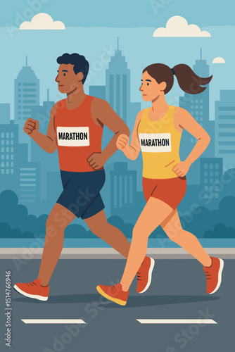 City marathon runners illustration. Man and woman participating in urban race. Fitness, sport competition, healthy lifestyle concept. Athletic couple jogging with cityscape background vector.