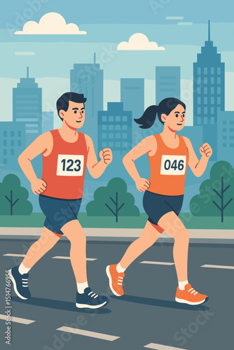 City marathon runners. Man and woman jogging in urban race. Vector illustration. Athletes in sportswear with bib numbers on city street with buildings. Fitness, sport, competition, healthy lifestyle.