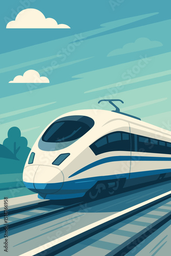 Vector illustration of a modern high-speed train. Bullet train moving fast on railway. Concept for public transport, future technology, speed, travel, tourism, and efficient commute.