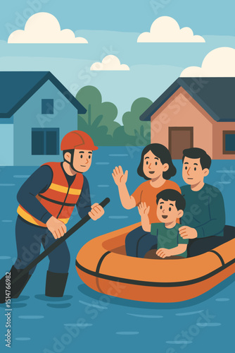 Flood rescue operation illustration. Emergency worker saving family in boat from submerged houses. Natural disaster, evacuation, climate change crisis, safety, survival concept vector.