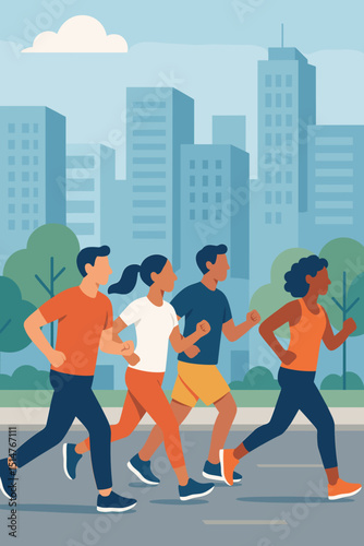 Group of diverse friends jogging in city park. Urban runners exercising outdoors. Healthy active lifestyle, fitness concept. Marathon preparation, teamwork. Flat vector illustration design.