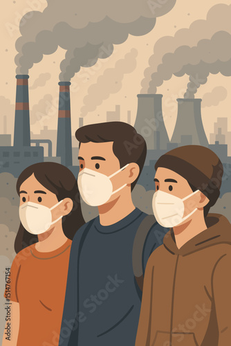 Air pollution crisis with people in masks. Industrial factory smoke, environmental concerns, public health, smog awareness, global warming impact. Vector illustration for change.