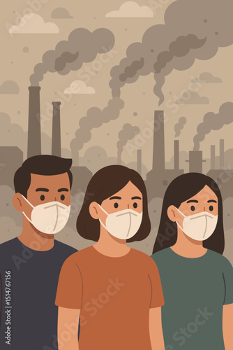 People wearing masks air pollution concept. Industrial smog background. Respiratory protection from factory emissions. Environmental awareness, health safety illustration. Group diverse.