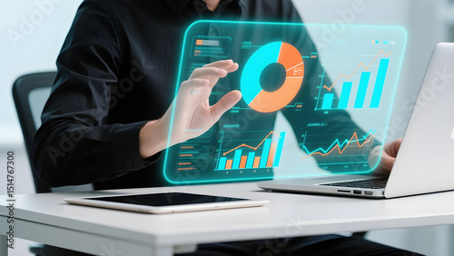 Businessman analyzing financial data on holographic interface