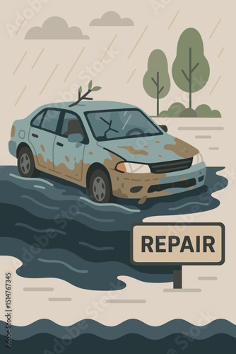 Flooded car vector illustration. Water damaged vehicle submerged after heavy rain or storm disaster. Auto repair service needed, insurance claim concept for damaged automobile. Emergency recovery.