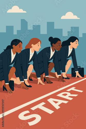 Diverse businesswomen at start line ready for career race. Concept of competition, leadership, empowerment, and new beginnings in corporate world. Women in business. Vector illustration.