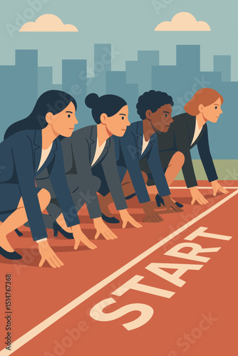 Diverse businesswomen at start line ready for career race. Metaphor for business competition, equality, female empowerment, new beginnings & ambition. Professional women starting challenge.