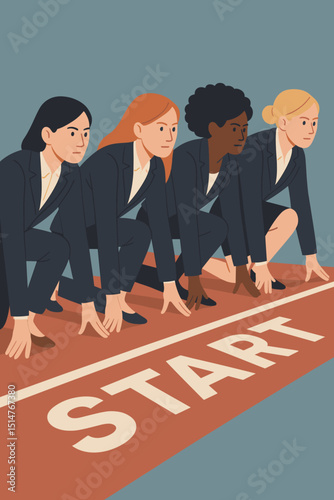 Diverse group of businesswomen in suits crouching at a start line, ready for business competition. Concept of career launch, ambition, equality, empowerment, and new beginnings. Vector.