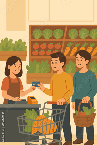 Two men shopping for fresh vegetables at a grocery store. Customers with cart and basket at checkout with cashier, paying by credit card. Healthy food, retail, commerce, people vector illustration.