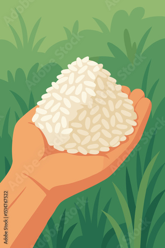 Hand holding pile of white rice grains, agricultural harvest concept. Organic staple food, natural uncooked cereal crop illustration. Farming abundance, healthy eating vector art. Nutrition.