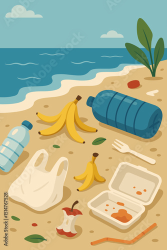 Polluted beach scene with plastic waste, garbage, and litter. Ocean shore contamination. Environmental problem concept. Marine pollution awareness. Dirty sand with discarded bottles and bags.