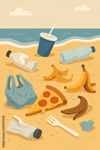 Polluted beach landscape with discarded plastic bottles, bags, food waste, and garbage. Environmental problem, ocean contamination, single-use plastic crisis, ecological neglect concept.