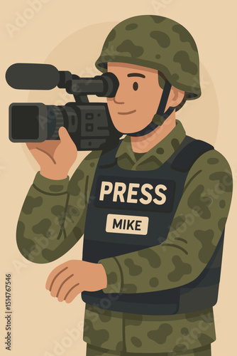 Military journalist. War correspondent. Press cameraman with video camera. Conflict news reporting. Media. Army soldier in helmet, bulletproof vest. Journalism profession. Vector character.