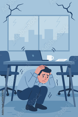 Employee seeking safety under office desk during earthquake. Man hiding in workplace during natural disaster. Concept of fear, emergency preparedness, crisis, danger, and survival.